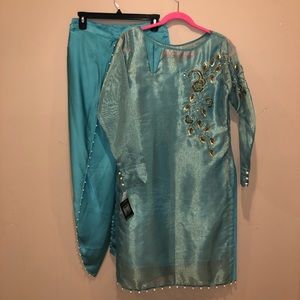 3 Piece Pakistani Teal Blue Gold Pearls Pakistani Shalwar Kameez